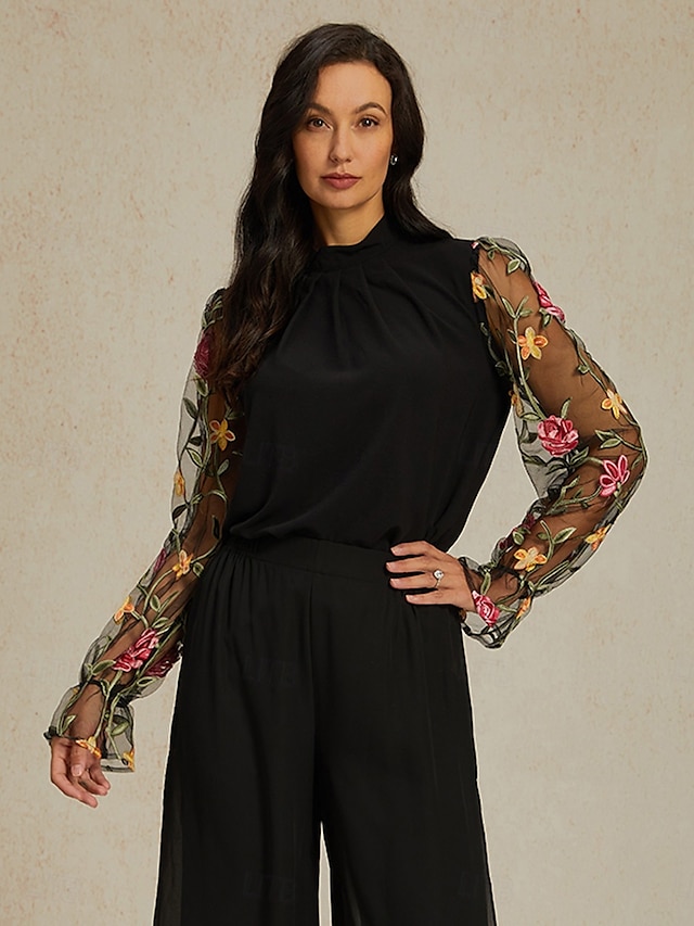  Dam Tunika Ensfärgat Nät Broderad Dagligen Elegant Ledigt Långärmad Rund hals Svart Vår Höst