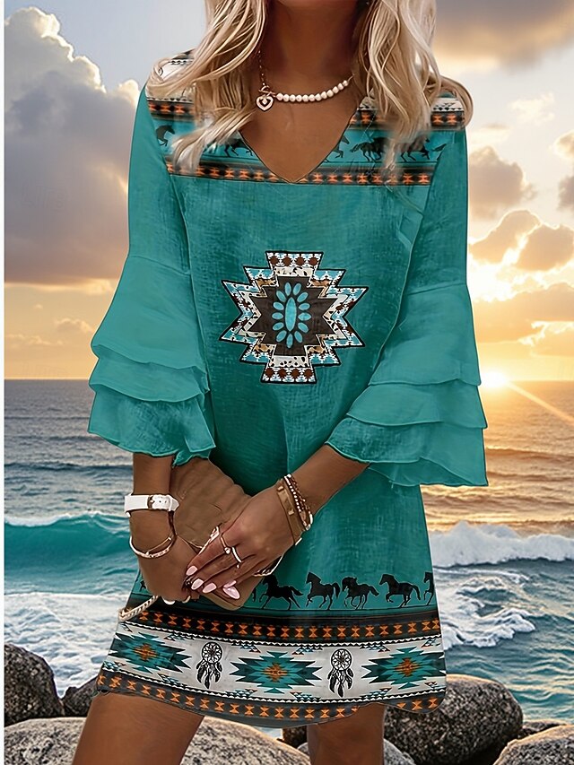 Women's Mini Dress Sundress A Line Dress Vacation Casual Boho Going out Beach Regular Fit Graphic Tribal 3/4 Length Sleeve V Neck Green Summer Spring4