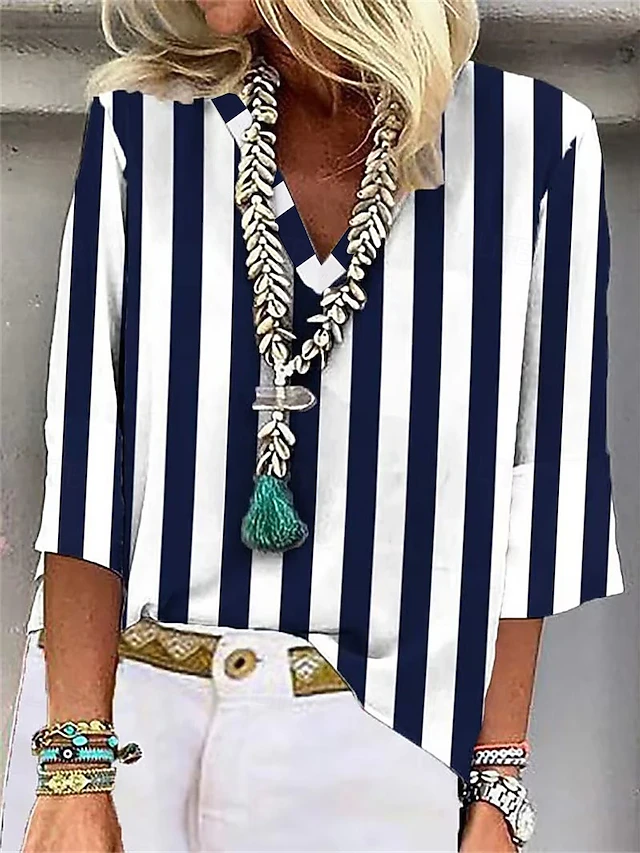 Women's T Shirt Blouse Striped Casual 3/4 Length Sleeve V Neck Regular Tops Daily Print Navy Blue Gray Spring & Summer3