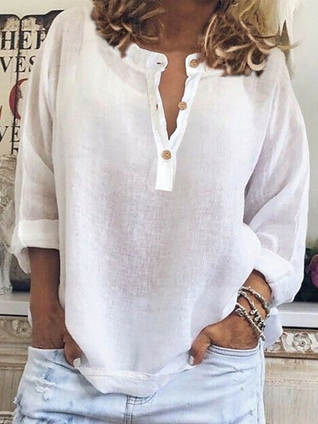  Per donna Camicia Semplice Essenziale Casual Manica Lunga Girocollo Top Regolari Quotidiano Bottoni Bianco Blu Viola Cachi Estate