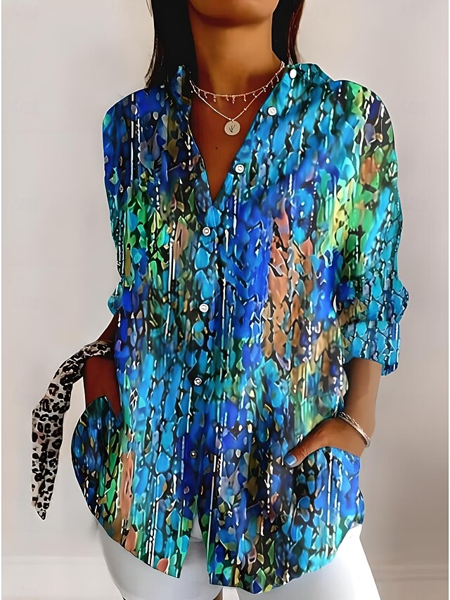 Women's Shirt Button Down Tunic Shirt Collar Long Sleeve Ombre Floral Graphic Romantic Casual Beach Regular Tops Work Daily s Print Red Blue Spring Fall3