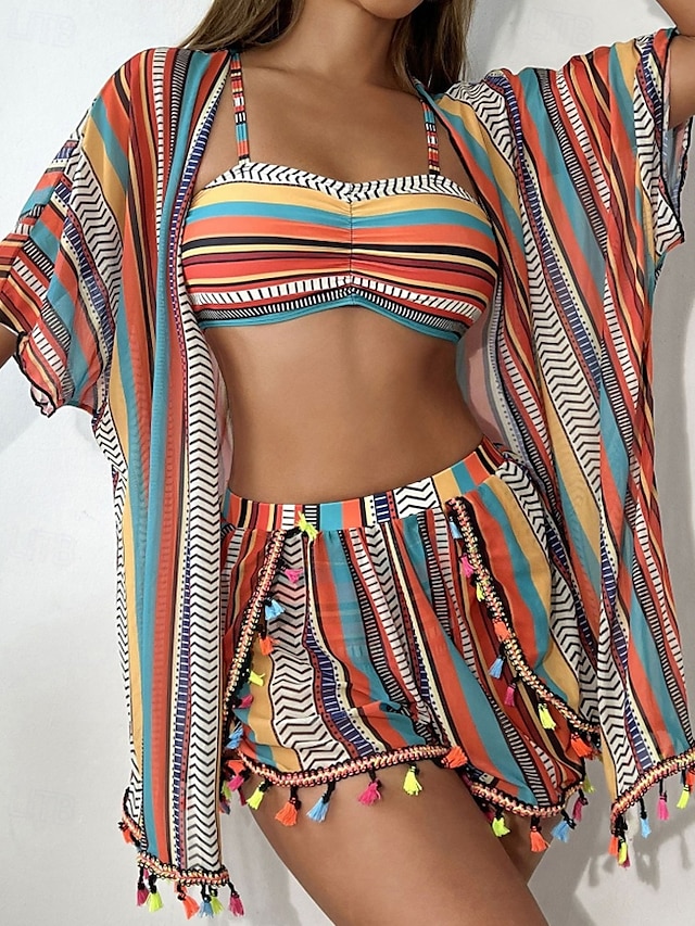  Női Fürdőruha Bikini Három darab Fürdőruha Fringe Hem Hawaii Strandruházat Csíkos U-alakú Rövid ujjú Fürdőruhák