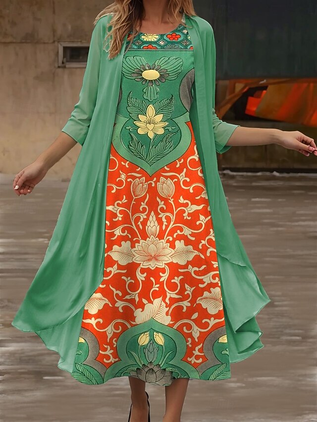 Women's Midi Dress Summer Dress Casual Semi Formal Daily Holiday Date Regular Fit Floral Graphic 3/4 Length Sleeve Crew Neck Green Summer Spring3