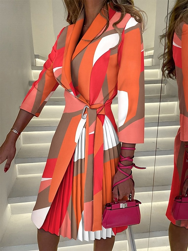  Women's Mini Dress Wrap Dress A Line Dress Casual Outdoor Going out Standard Fit Graphic Color Block 3/4 Length Sleeve Turndown Black Fuchsia Orange Green Summer Spring