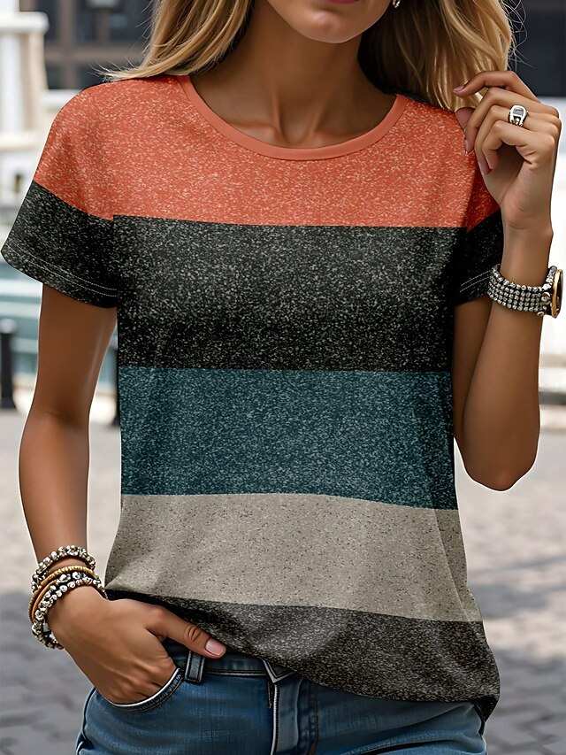 Women's T Shirt Graphic Striped Vintage Stylish Classic Short Sleeve Crew Neck Regular Tops Daily Weekend Print Orange Summer3