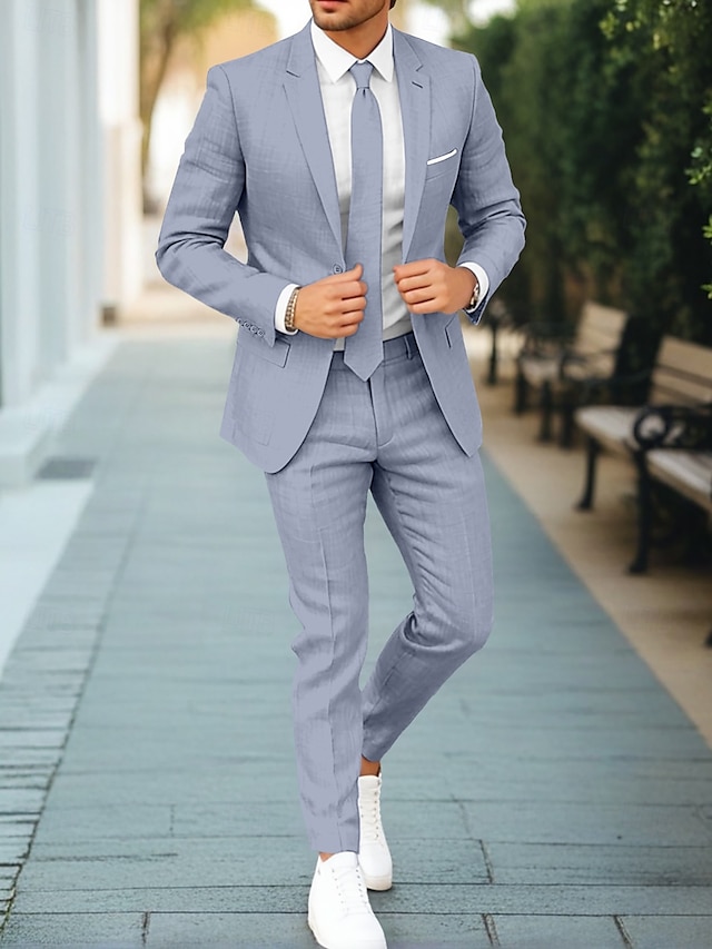  Costumes en lin pour hommes kaki foncé kaki clair formel d'affaires été de couleur unie ajustement standard 2 pièces à boutonnage simple un bouton