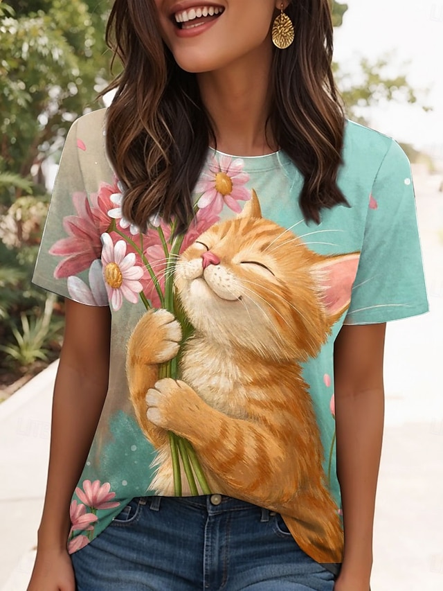  Dam T-shirt Grafisk Djur Katt Stylish Klassisk Ledigt Kortärmad Rund hals Vanliga toppar Dagligen Helgen Mönster Grön Sommar Vår