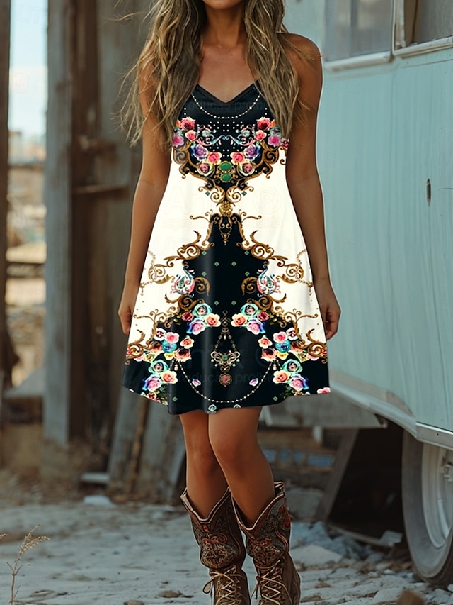  Damer Boho Kjole Western Kjole Vintage Mini Kjole Sundress A-Linje Kjole Slip Kjole Off The Shoulder Kjole Ferie Casual Gå Ut Strand Grafisk Geometrisk Tribal Uten Ermer V-Hals Spaghetti Stropp