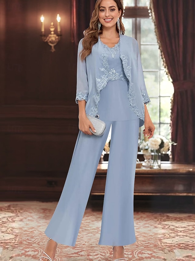  Hosenanzug Brautmutterkleid Hochzeitsgast Elegant Einfach Rundausschnitt Bodenlang Polyester Langarm mit Einfarbig 2025