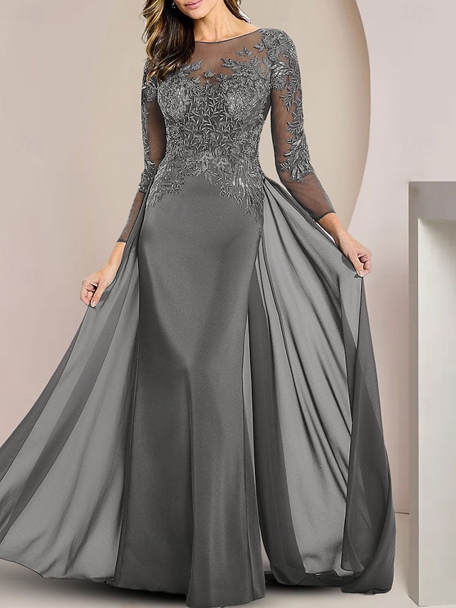 Mother of the Bride Dress Formal Elegant Scoop Neck Floor Length Chiffon Lace Sleeve with Appliques Flower main image 0