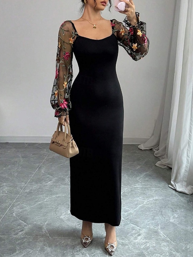 Pentru femei Rochie Lunga Rochie Maxi Rochie de bal Rochie casual Rochie de vară Elegant Modă În aer liber Petrecere Concediu Fit regulat Floare Manșon Lung În V Negru Vară Primăvară
