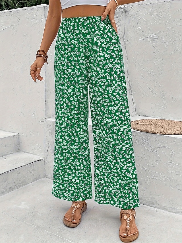  Damen Weites Bein Hosen Hose Urlaub Mode Volle Länge Mittlere Taille Blume / Blumenmuster Elastischer Bund Atmungsaktiv Bequem Mikroelastisch Straße Alltagskleidung Ausgehen Schwarz Weiß Gelb Grün