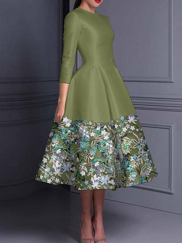  Abito cocktail floreale ricamato A-Line elegante per matrimonio lungo fino alla caviglia con maniche lunghe girocollo in satin con spacco
