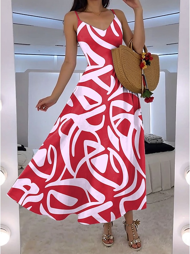  Damskie Sukienka maxi Sukienka A line Sukienka na ramiączkach Urlop Codzienny Styl plażowy Na zewnątrz Wyjściowe Luźny / a Graficzny Geometryczny Abstrakcja Bez rękawów W serek Czerwony Niebieski