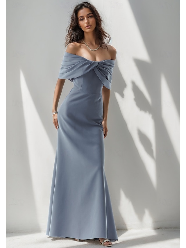  Robe de soirée sirène rose bleue élégante Robe formelle longueur de sol sans manches épaules dénudées crépon extensible avec nœud(s) ruché