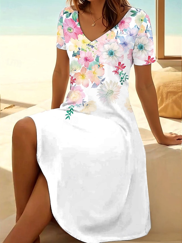  Mujer Mini vestido Vestido estilo camiseta Vestido de verano Vacaciones Casual Estilo playero Diario Noche Ajuste regular Floral Graphic Manga Corta Escote en Pico Blanco Verano