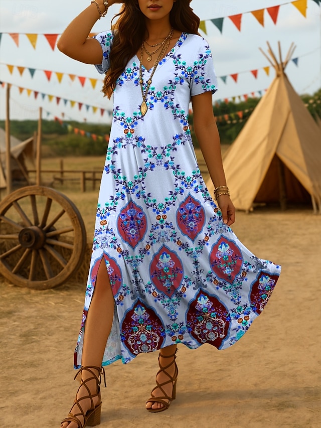  Pentru femei Rochii Midi Rochie de Vară Rochie de vară Vacanță Casual Boho Ieșire Plajă Potrivire Largă Grafic Tribal Manșon scurt În V Galben Albastru piscină Mov Vară Primăvară