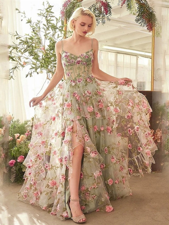 Ball Gown A-Linje Quinceanera Kjoler Elegant Kjole Bryllup Bryllupsgæst Gulvlængde Uden Ærmer Spaghetti Stropper Polyester Rygfri med Blomsterprint Plisseringer Slidser