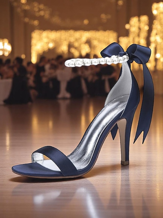  Marineblaue Satin-High-Heel-Sandalen für Damen – Perlen-Stiletto-Absätze mit Knöchelriemen und Schleife für Hochzeiten, elegante Cocktailpartys und besondere Anlässe