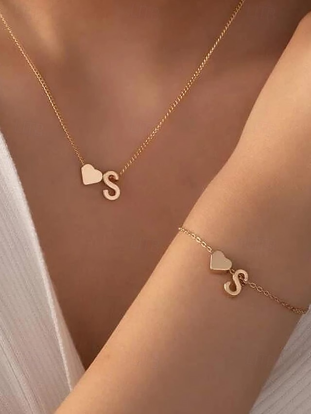  26 initialer personlig gullhjertebokstavkjede og armbåndsett - utsøkte bokstavsmykker for kvinner og jenter, romantisk gave til eksamen, bursdag eller valentinsdag