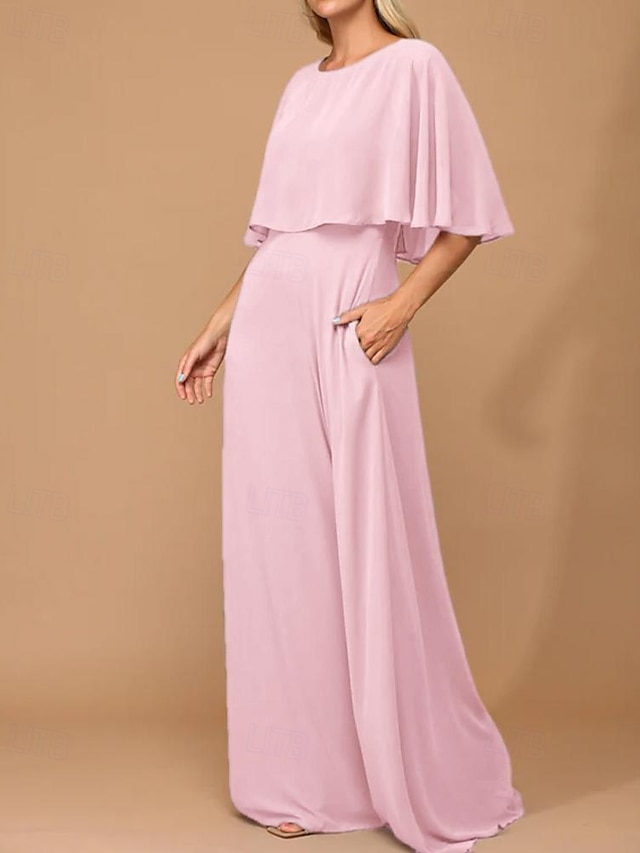  A-Linie Cape Kleid Mutter der Braut Kleid Elegant Einfach Minimalistisch Boots-Ausschnitt Hochzeitsgastkleid Bodenlang Chiffon Halblangarm in einfarbig