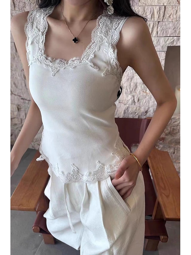  Damen Bluse Spitzentops Einfach Basic Modern Ärmellos Quadrathals Normale Oberteile Täglich Ferien Ausgehen Spitze Schwarz Weiß Sommer