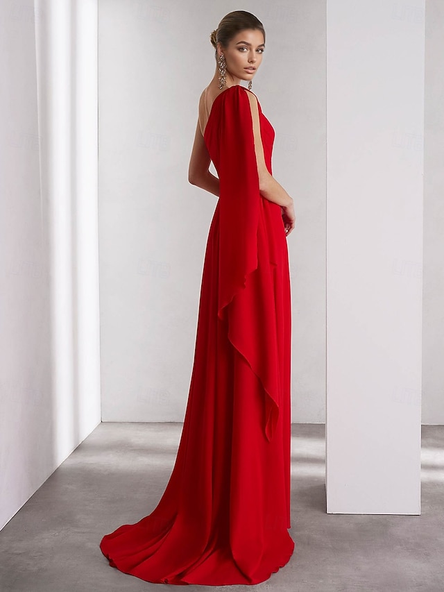 One Shoulder Sleeveless Ruched Chiffon A-line Dress Gold