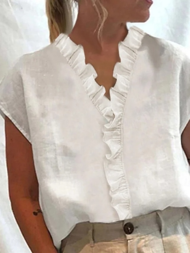  Chemise en Coton Lin pour Femmes Unie Basique Décontractée Manches Courtes Col V Hauts Quotidien Volant Blanc Été