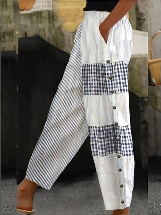 Women's Cotton Linen Pants Basic Casual Full Length High Waist Floral Plaid Pocket Elastic Waist Print Comfy Outdoor Comfortable Street Daily Wear Going out Black White Ivory Summer Regular Fit3