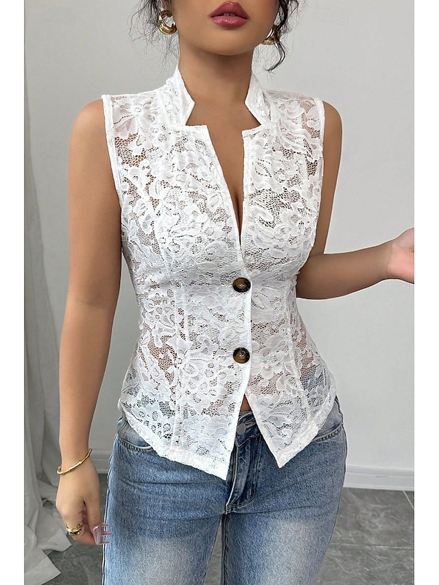  Women's Blouse Lace Tops Plain Elegant Modern Sleeveless V Neck Regular Tops Daily Holiday Going out Lace White Summer