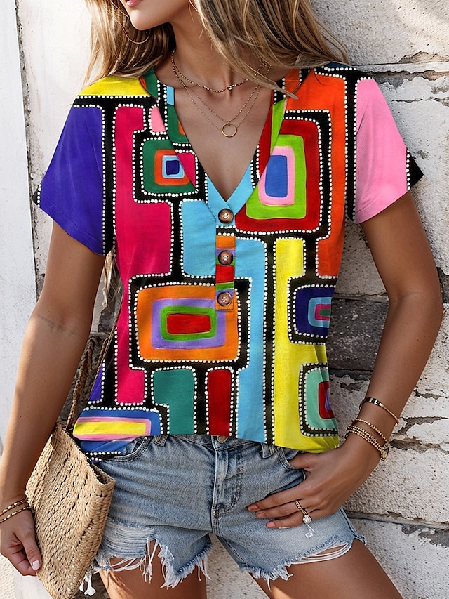  Women's T Shirt Graphic Geometric Stylish Casual Short Sleeve V Neck Regular Tops Daily Print Rainbow Summer Spring