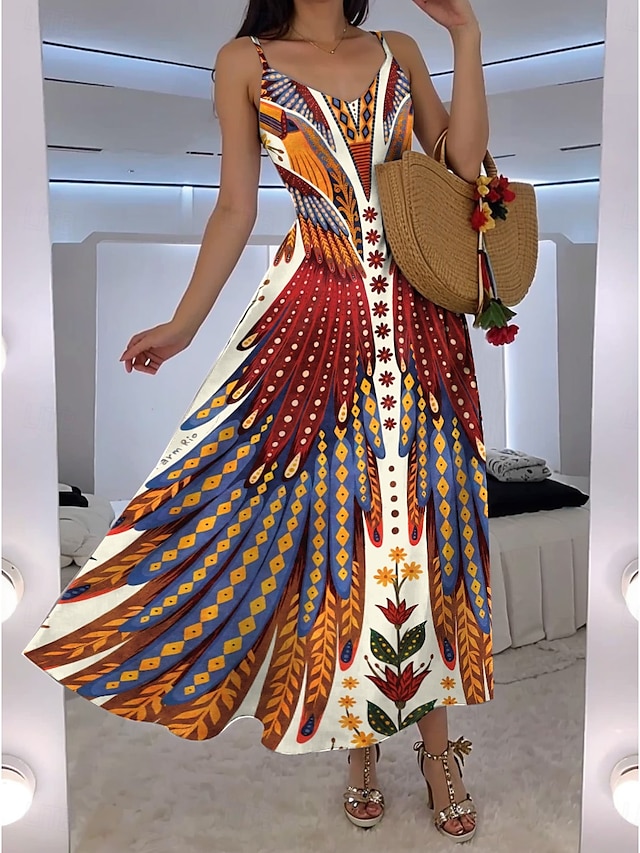  Women's Maxi Dress A Line Dress Slip Dress Vacation Casual Boho Going out Beach Regular Fit Floral Graphic Feather Sleeveless V Neck Blue Orange Green Rose Pink Summer Spring