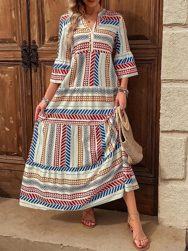  Dame Maxikjole Solkjole Kjole med A-linje Fit And Flare Dress Ferie Fritid Bohem utendørs Fest Ut på byen Normal Grafisk Geometrisk Stamme Ermeløs V-hals Rød Blå Grønn Sommer Vår