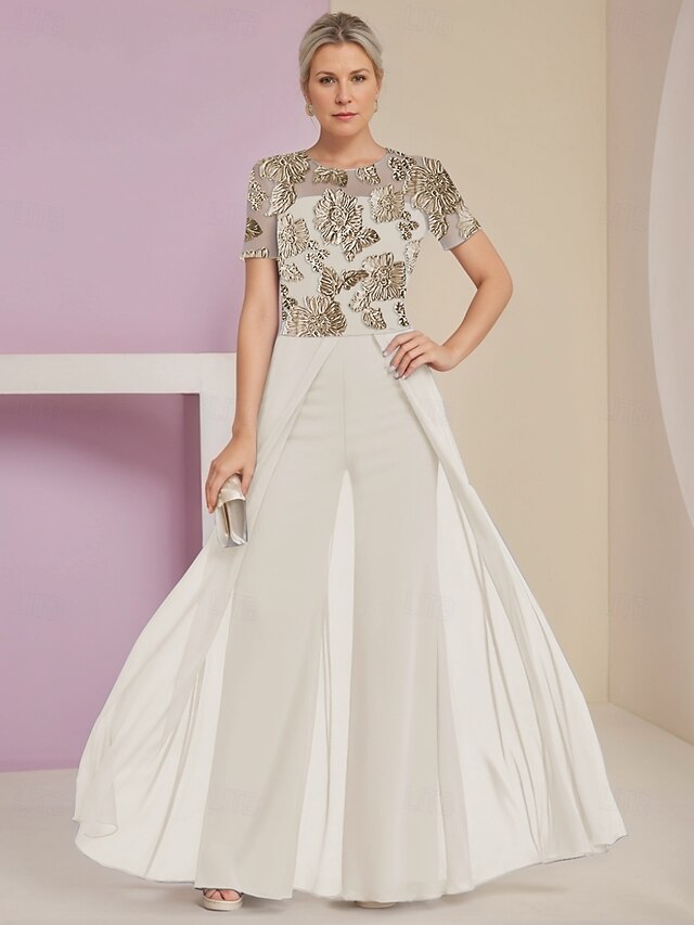 A-Line Mother of the Bride Dress Wedding Guest Elegant Minimalist Crew Neck Floor Length Chiffon Lace Cap Sleeve with Lace Buttons