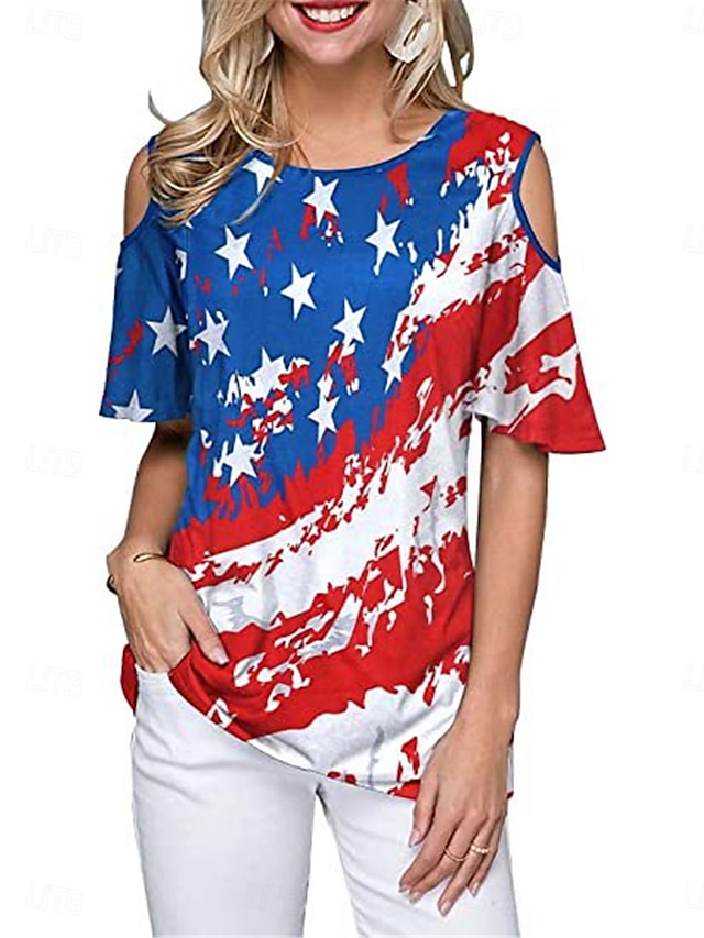  Ziua Independenței Tricou Patriotic Femei 4 Iulie Tricou Steag American Modern Casual Roșu Alb Și Albastru Manșon Scurt Guler Rotund Topuri Regulate Print Weekend Roșu Vin Albastre Vară Primăvară