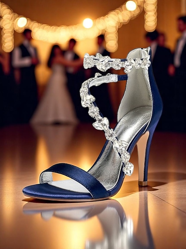  marineblå sateng-stiletthæler for kvinner med rhinestone-pynt - elegante bryllupssko for formelle anledninger og cocktailbegivenheter