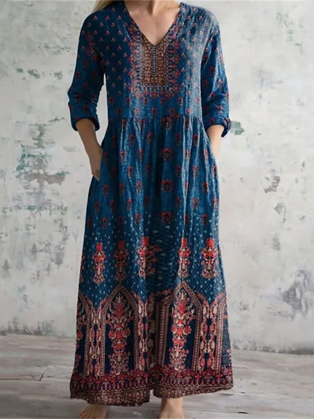  Pentru femei Rochie Lunga Rochie Maxi Rochie casual Rochie Boho Elegant Modă Romantic În aer liber Vacanță Concediu Fit regulat Floare Manșon Lung În V Albastru piscină Vară Primăvară
