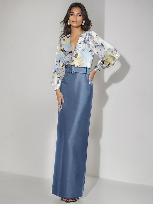  Abito da Sera Sirena Abito Formale Matrimonio Lunghezza Piena Maniche Lunghe Scollo a V Satin con Stampa Floreale Abito da Ospite di Matrimonio