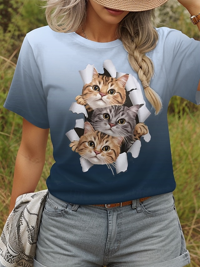  Per donna Maglietta Grafico Animale Gatto Vintage Elegante Classico Manica Corta Girocollo Top Regolari Quotidiano Stampato Blu Verde Estate