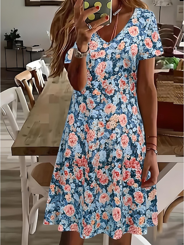  Femmes Mini Robe Robe T-Shirt Robe d'Été Robe d'été Vacances Occasionnel Chaussures de plage Quotidien Sortir Coupe régulière Fleuri Graphique Manche Courte Col en V Rose Claire Bleu Vert Été