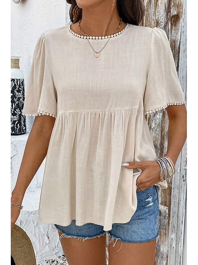  Damen Leinen-inspirierte Hemden Bluse Einfach Modern Lässig Kurzarm Rundhalsausschnitt Normale Oberteile Täglich Ferien Ausgehen Gerafft Aprikose Sommer