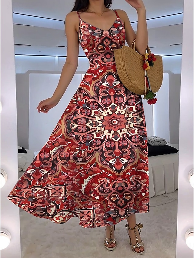  Damskie Sukienka maxi Sukienka A line Sukienka na ramiączkach Urlop Codzienny Boho Wyjściowe Plaża Luźny / a Kwiaty Graficzny Bez rękawów W serek Czerwony Pomarańczowy Lato Wiosna