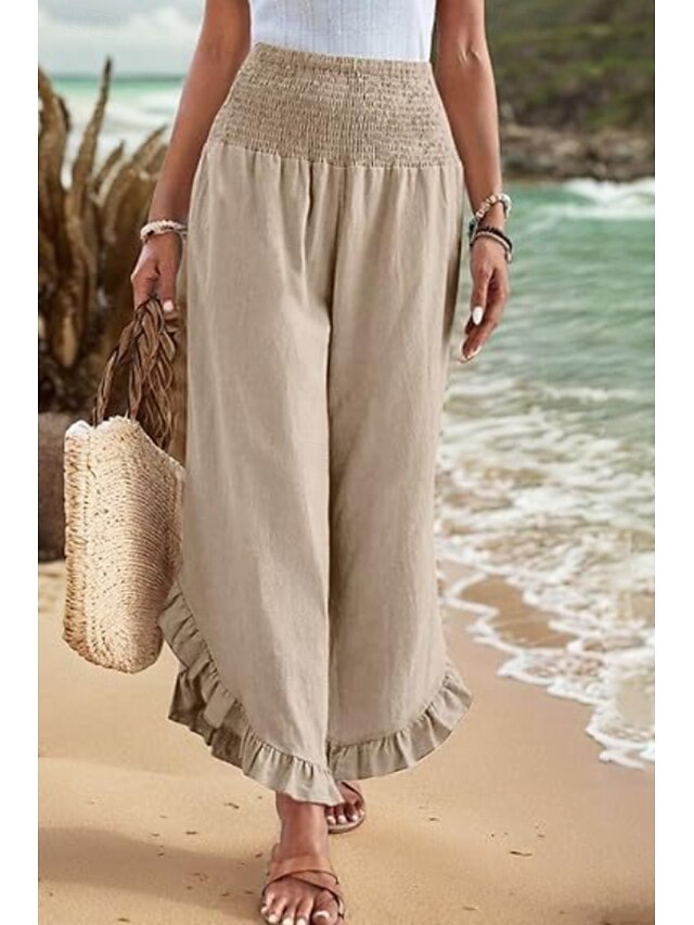  Per donna Pantaloni in cotone e lino Pantaloni Eleganti Moda Streetwear Lunghezza intera Naturale Semplice Volant Elastico in vita All'aperto Confortevole All'aperto Vacanza Uscire Rosso arancione