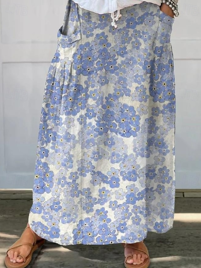  Kvinders Nederdel Maxi Nederdel Casual Maxi Høj Talje Nederdele Blomstret Linned Mikro-elastisk Gade Gul Blå Grøn Bleg Blå Sommer Polyester Linned