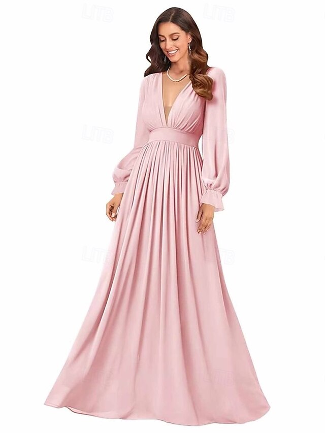 Abiti da sposa A-Line V Neck Maniche lunghe Lunghezza pavimento Chiffon Abiti da sposa con colore solido