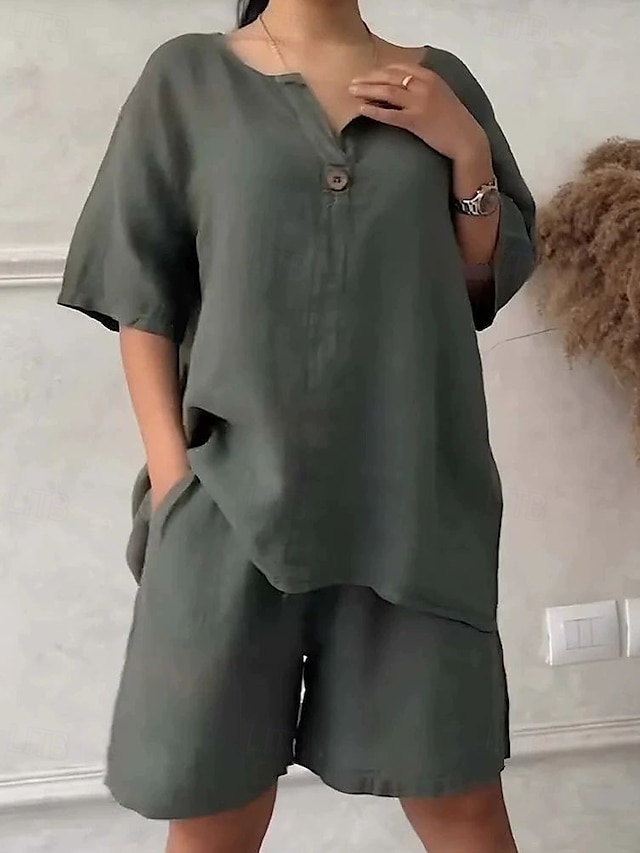  Pentru femei Modă Șic Stradă Seturi de lenjerie de bumbac Seturi din două piese Seturi de pantaloni scurți Manșon scurt În V Purtare Zilnică Dată Negru Alb Verde Militar Vară Fit regulat
