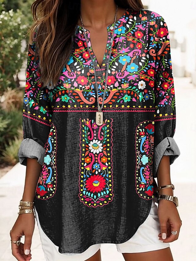 Women's Blouse Tunic V Neck Long Sleeve Boho Casual Floral Graphic Vintage Tropical Regular Tops Daily Vacation Wear Print Black Pink4