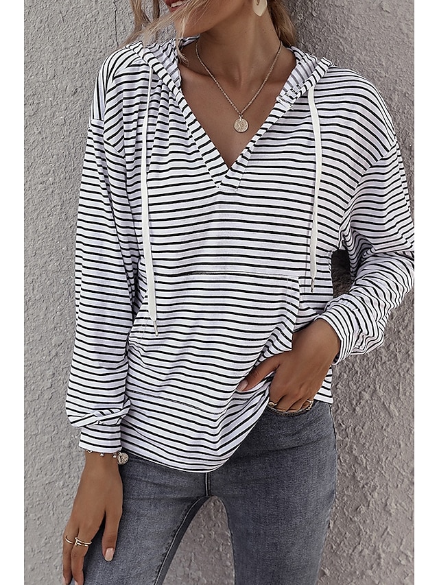  Dames Blouse Gestreept Casual Lange mouw Capuchon Normale tops Dagelijks Uitgaan Zak Wit Bruin Zomer