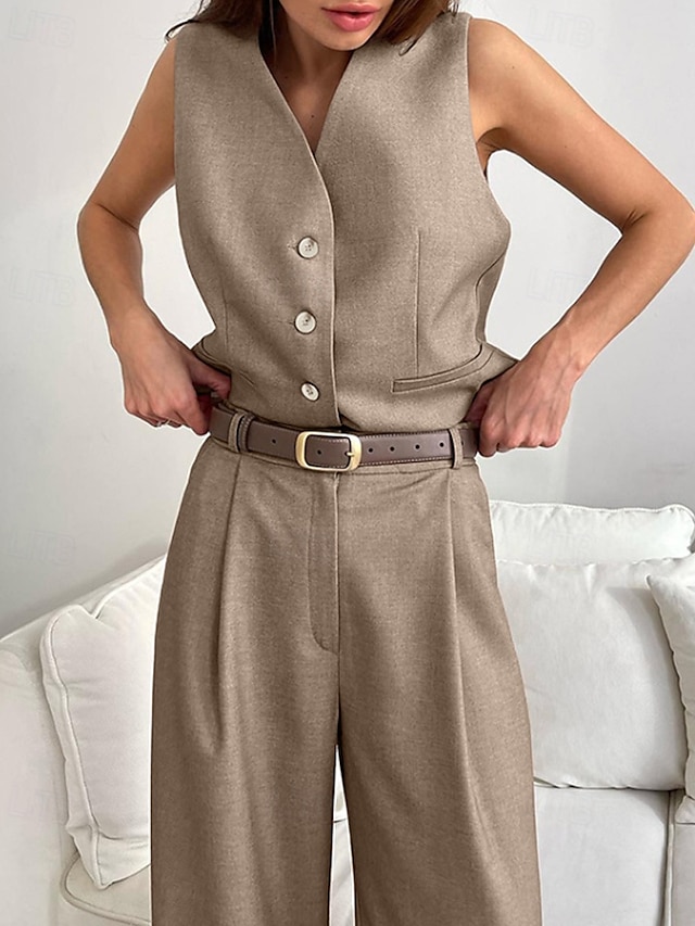 Femmes Actif Mode Chemisier Gilet Ensembles de Pantalons Sans manches Col en V Couleur Unie Dubbele Rij Knopen Extérieur Fête Noir Marron Gris Été Coupe régulière