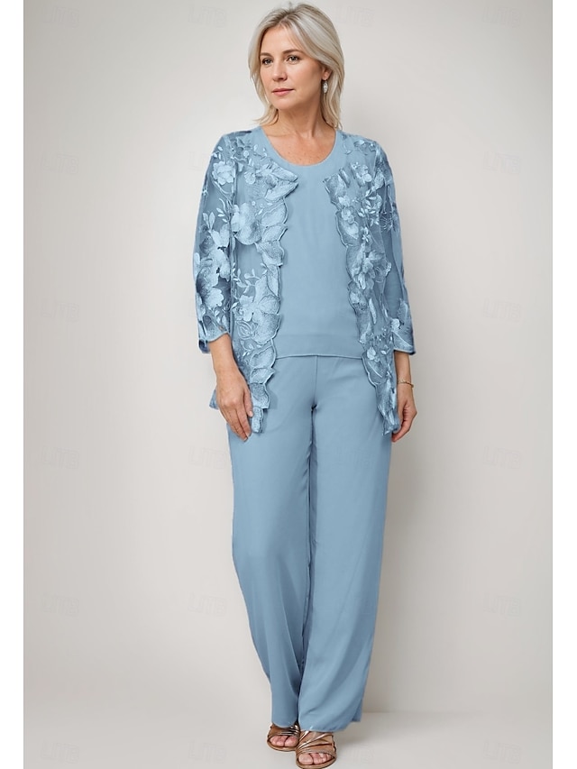  tailleur pantalon bleu jaune 3 pièces robe mère de la mariée élégant col rond longueur au sol mousseline manches longues cache-cœur inclus avec broderie en dentelle 2025